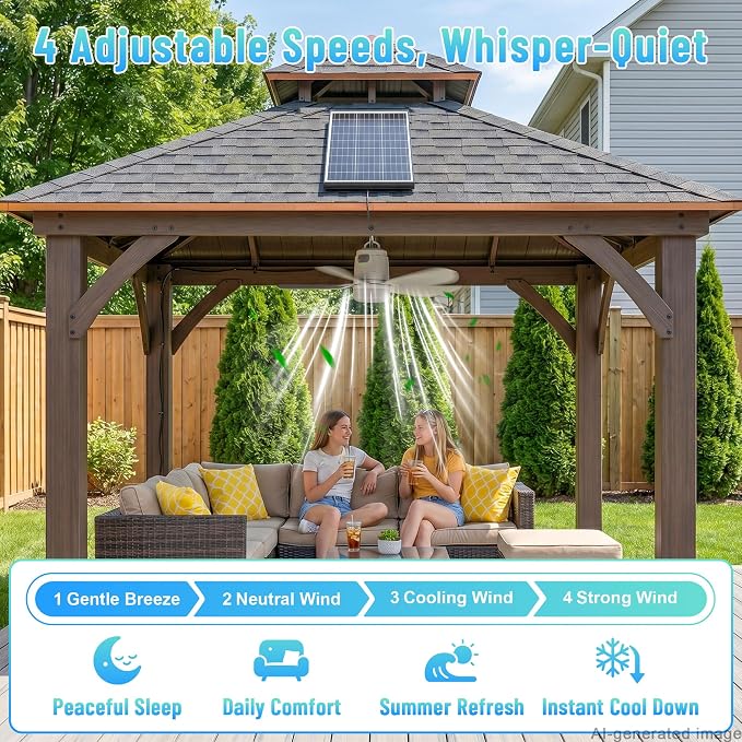 Solar Ceiling Fan 20'', 20000mAh Battery Portable Ceiling Fan with 30W Solar Powered, Remote & Hanging Hook, 3000k-6000k Dimmable Solar Fans for Outside, Tent, Gazebo, Canopy, RV, Chicken Coop