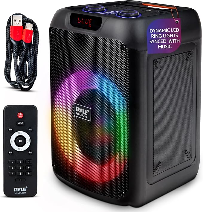 Pyle 100W Bluetooth Karaoke PA Speaker with 8 Inch Woofer, Echo Bass and Treble Control, USB SD Card FM Radio, Mic Input, LED Lights for Home Events and DJ Use