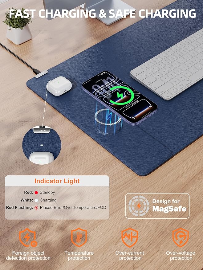 TopMade Mouse Pad with 15W Wireless Charging, XXL Large Leather Desk Mat, Waterproof Gaming Mousepad Home Office Desk Pad Protector, Blue (Includes 20W PD Power Adapter & 6.56ft Woven Cable)