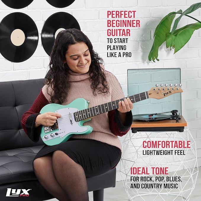 LyxPro 30” Electric Guitar TL Series, Full-Size Paulownia Wood Body, 3-Ply Pickguard, C-Shape Neck, Ashtray Bridge, Quality Gear Tuners, 3-Way Switch & Volume/Tone Controls, 2 Picks Included, Green