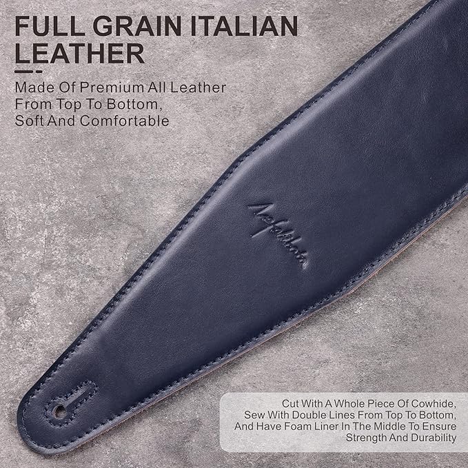 Nefelibata 3.8" Wide Guitar Strap, Full Grain Italian Leather Adjustable Guitar Straps with Foam Padding for Bass, Electric, and Acoustic Guitars