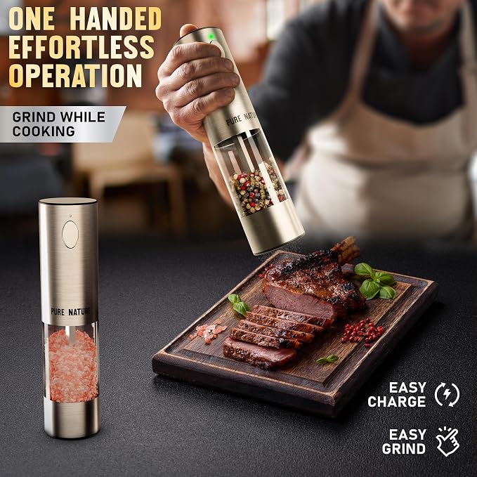 Pure Nature Electric Rechargeable Salt and Pepper Grinder Set with Tray – Stainless Steel Automatic Grinders, 5 Adjustable Coarseness Levels, LED Light, Refillable, Type-C Fast Charging