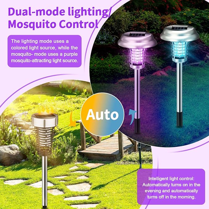 4 Pcs Solar Bug Zapper Outdoor Waterproof Mosquito Repellent Light Solar Power Fly Killer Lamps for Moths, Gnats, Fly, Small Flying Insect Backyard Garden Lawn (Plastic,Purple & Colorful Light)