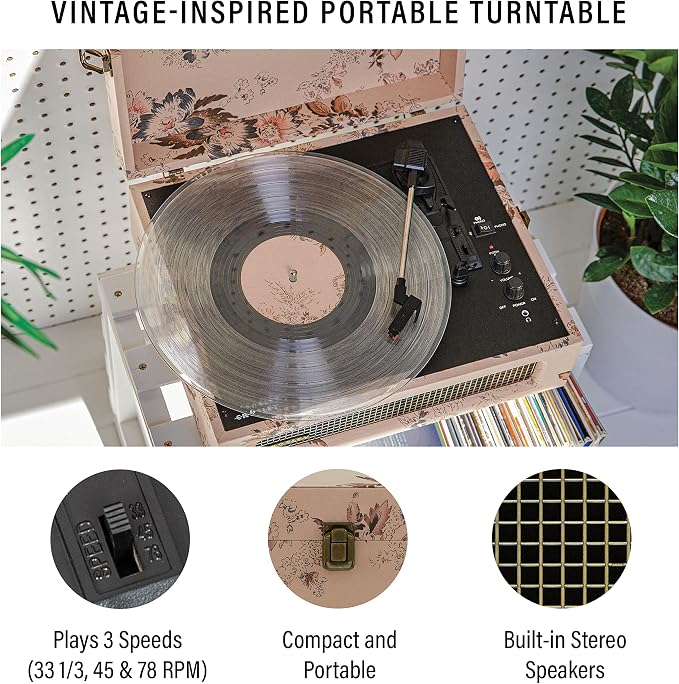 Crosley CR8017B-FL Voyager Vintage Portable Vinyl Record Player Turntable with Bluetooth in/Out and Built-in Speakers, Floral