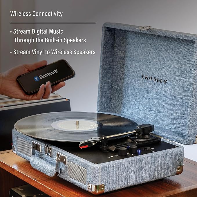 Crosley CR8005F-WD Cruiser Plus Vintage 3-Speed Bluetooth in/Out Suitcase Vinyl Record Player Turntable with Built-in Speakers, Washed Denim