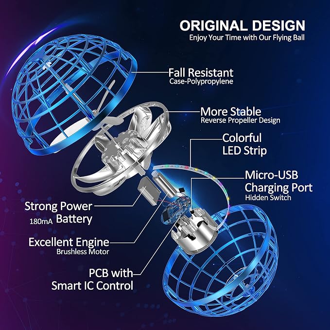 LEMATRIX Flying Orb Ball Toy, Hover Ball Boomerang Fly Fidget Spinner, Cool Toys Gifts for 6 7 8 9 10 11 12+ Years Old boy Girls Teens, Hand Mini Drone Cosmic Globe, Indoor Outdoor Toys(Blue)