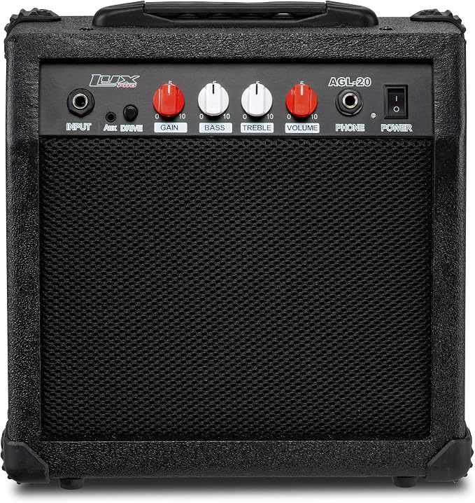 LyxPro Electric Guitar Amp 20 Watt Amplifier Built in Speaker Headphone Jack and Aux Input Includes Gain Bass Treble Volume and Grind - Black