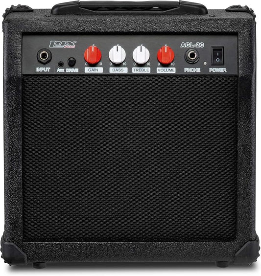 LyxPro Electric Guitar Amp 20 Watt Amplifier Built in Speaker Headphone Jack and Aux Input Includes Gain Bass Treble Volume and Grind - Black