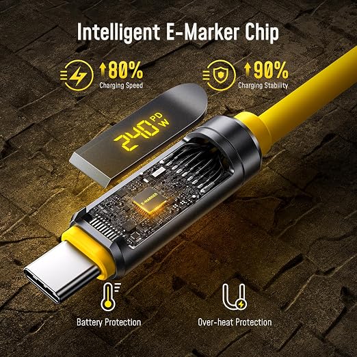 AOHI USB4 2.0 Cable with LED Digital Display 3.3ft, 240W PD3.1 Fast Charging, 80Gbps Data Transfer, Dual 8K Display, The Adonis USB C Cable for MacBook Pro/iPhone 17 Pro Max/Galaxy/SSD/Docking,Yellow