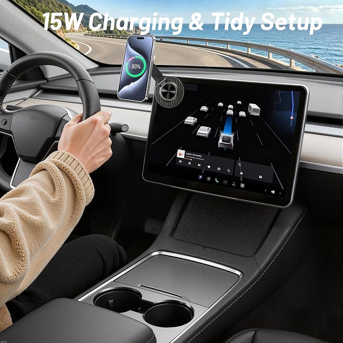 Phone Holder for Model Y,Magnetic Phone Holder,15W Wireless Car Charger with Magsafe,Suction Cup Phone Mount for iPhone & Android,360 & Foldable,Car Accessories for Model 3 & Y