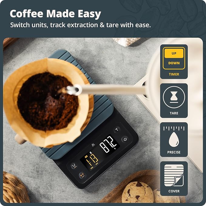 Greater Goods Coffee Scale with Timer, 0.1g Precision Digital Espresso & Pour Over Scale for Chemex, V60, Drip & Matcha Weighing, Waterproof Silicone Cover, 6.6lb Barista Brew Capacity (Stone Blue)