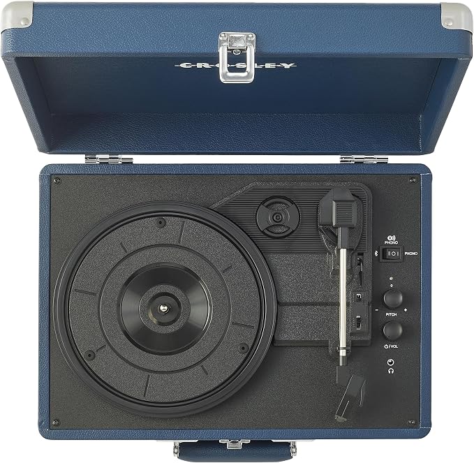 Crosley CR8005F-IB Cruiser Plus Vintage 3-Speed Bluetooth in/Out Suitcase Vinyl Record Player Turntable with Built-in Speakers, Ink Blue