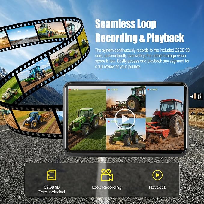 1080P Wired Backup Camera System, 10.1" DVR IPS Touchscreen + 4 IP69K Water/Dust Proof Rear & Side Cameras, Vibration-Proof 20G for Hitching, Farm Work, UTV, Trailer, Tractor, Truck, Combine