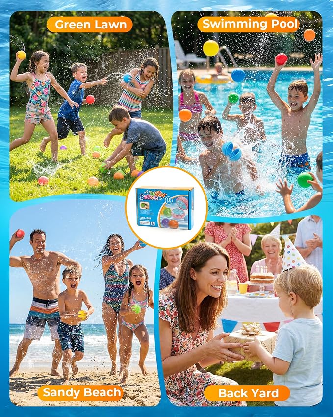 15Pcs Reusable Water Balloons for Kids & Family Outdoor Play – Quick Fill, Soft Silicone, Easy to Collect, No Magnets, Perfect for Yard, Pool Beach Games, Summer Water Toys