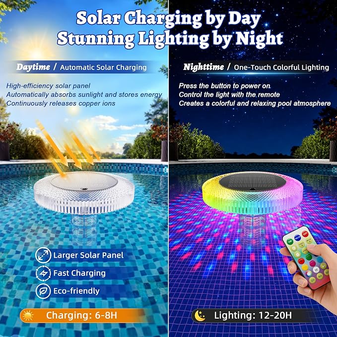Solar Pool Ionizer Floating Lights: Copper Ionizer with LED Solar Powered Outdoor Waterproof Lighting RGB Color Changing Light with Remote Control for Above Ground Inground Swimming Pool Party Spa