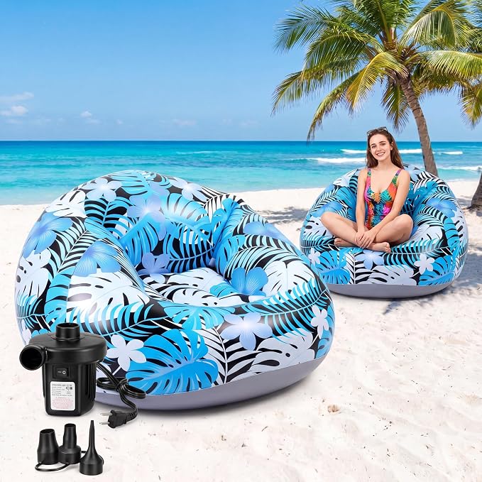 Capoda 2 Pack Hawaiian Inflatable Chairs with Electric Air Pump, Tropical Leaf Blow up Sofas for Adults, Portable PVC Lounge Seat for Beach Pool Camping Dorm Reading Gaming Travel Indoor Outdoor, Blue