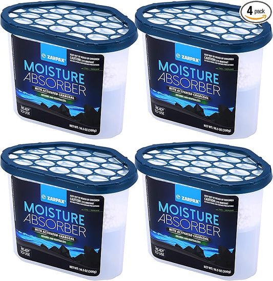 ZARPAX Moisture Absorber Activated Charcoal 10.5 oz/300g | Removes Moisture, Damp, Humidity & Odors | Odor Absorber | Moisture Trap for Bathroom, Closet, Kitchen & Small Spaces | Set of 4