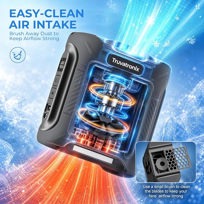 Portable Waist Fan with 56°F Ice Cooling, 8000mAh Rechargeable Belt Clip Fan, 5-Speed 21000RPM Wearable Cooler, LED SOS Warning Light for Jobsite Camping Summer Essential