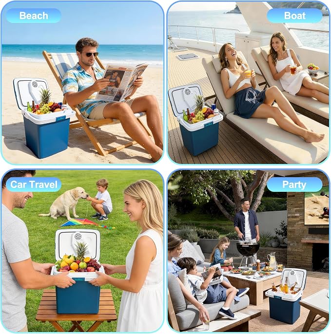 Iceblue Electric Cooler, 26 Liters/28 Cans Mini Fridge with Automatic Locking Handle, 120V AC Home Power Cord & 12V Car Adapter Car Refrigerator, Car Fridge for Home, Car, Gift (Blue)