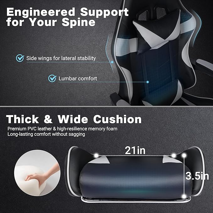 Gaming Chair, Ergonomic Computer Chair with Footrest and Lumbar Support, Height Adjustable Office Chair with 360° Swivel Seat and Headrest (Black & Grey)