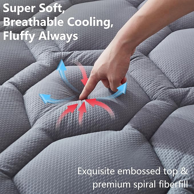 ELVEN HOME Queen Size Mattress Pad Waterproof, Pillow Top Cooling Mattress Topper Cover, Quilted Fitted Mattress Protector Washable, Deep Pocket 8-21" (60x80 inch, Grey)