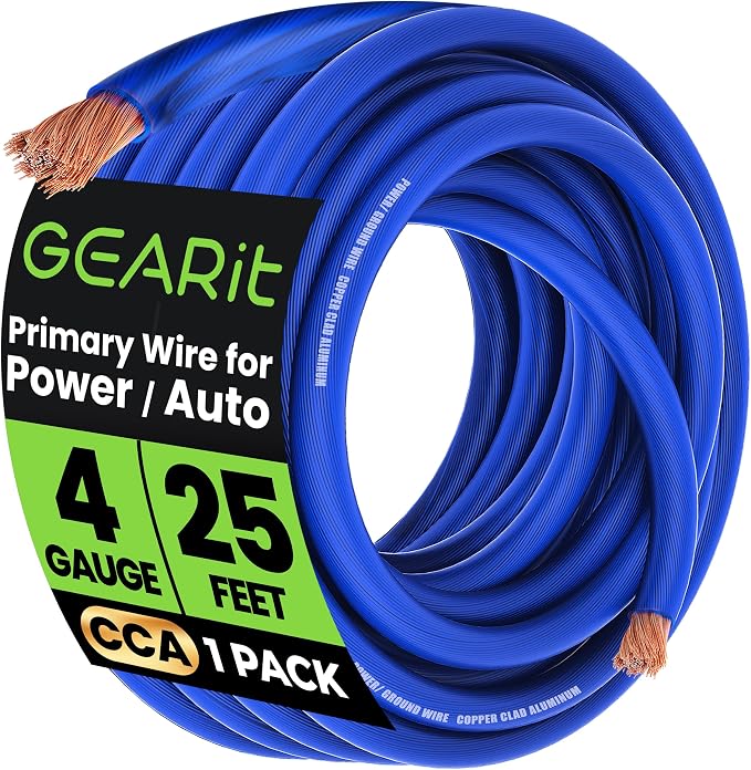 GEARit 4 Gauge Wire 25 ft Blue, 4 AWG Battery Cable CCA, Copper-Clad Aluminum Power Ground Wire for Car Audio Amp, Automotive, RV