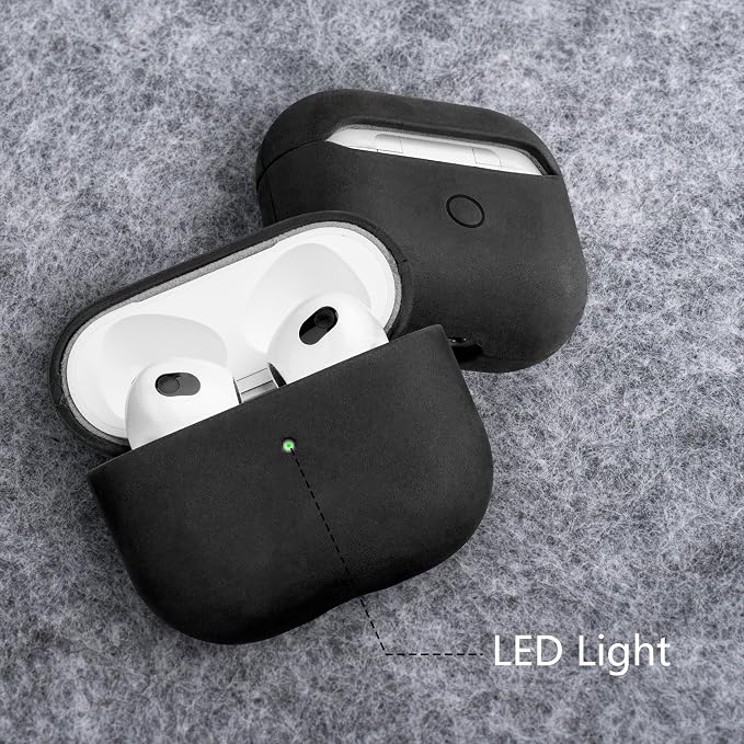 Maogoam Leather Case Compatible with AirPods 3, Genuine Vintage Crazy Horse Cowhide Leather Case for Airpods 3rd Generation, Handcrafted Fully-Wrapped, Retro Style, Black