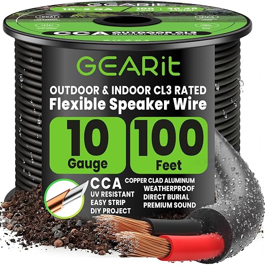 GEARit 10 Gauge Speaker Wire Cable,10 Gauge Wire CL3 Rated 100ft,Audio Cable with Red/Black Color Coded,Outdoor Speaker Wires for Home,Car,Outdoor,Patio,Garden,In-Wall,Backyard,CCA(Black,2-Conductors)