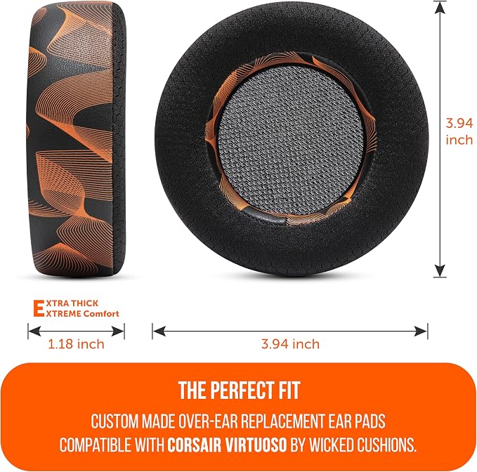 WC Freeze Virtuoso - Hybrid Fabric Cooling Gel Replacement Earpads for Corsair Virtuoso Gaming Headset, Made by Wicked Cushions, Improved Durability, Thickness and Sound Isolation | Kinetic Wave