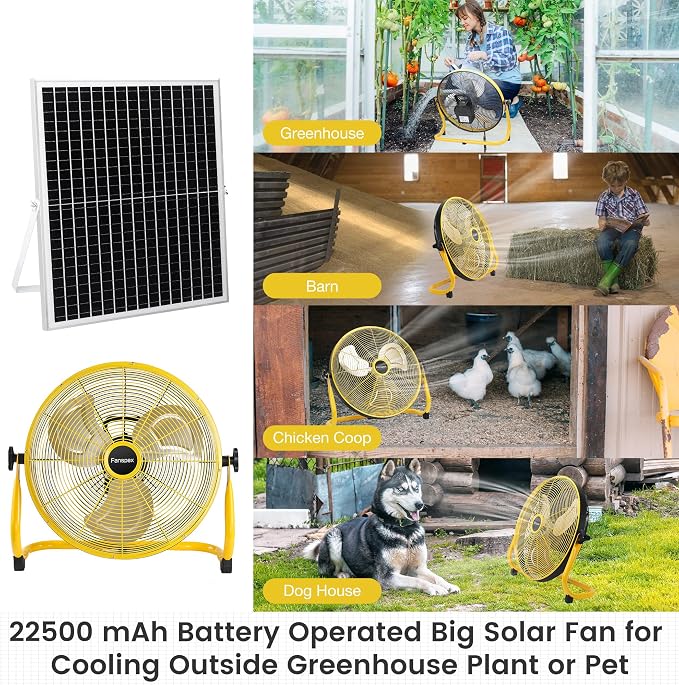 Fanspex 18" Solar Rechargeable Floor Fan for Outdoor, 22500 mAh Battery Operated Fan with 35W Solar Panel Powered for Patio Gazebo Camping, 360° Tilt (19.1 ft/s Airflow)