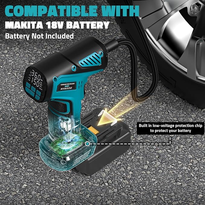 DIYtoolifz 150PSI Tire Inflator Portable Air Compressor: Cordless Air Pump Compatible with Makita 18V Battery - Car Tire Pump with Digital Pressure Gauge & LED Light for Auto, Motorcycles (Tool Only)