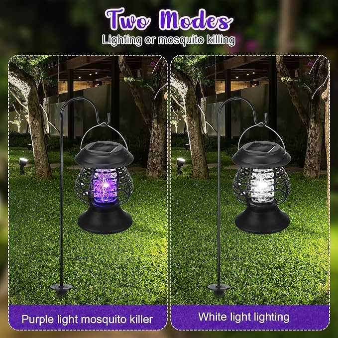 Qualirey 4 Pcs Outdoor Waterproof LED Solar Bug Zapper 2 in 1 Hanging Mosquito Zapper Mosquito Killer Outdoor Cordless Garden Waterproof Fly Insect Killer for Backyard Farm Patio