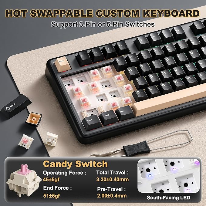 YUNZII B98 PRO QMK/VIA Wireless Mechanical Gaming Keyboard,96% Layout with Numpad and Cute Cat Knob, BT/2.4G/USB-C,Linear Switch Hot Swap Gasket,RGB for Win/Mac (Black, Candy Linear Switch)