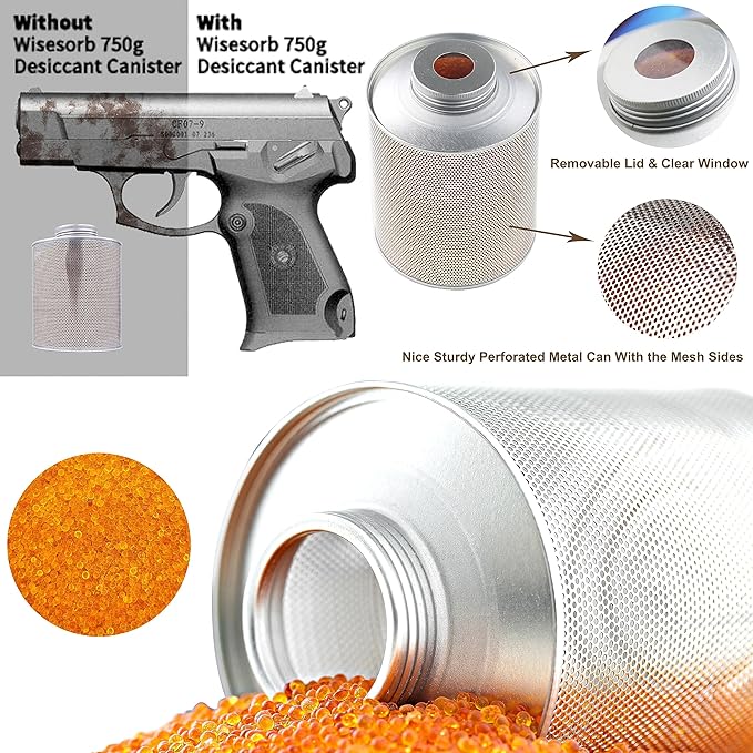 Wisesorb 750 Grams Gun Safe Dehumidifier, Reusable Canister Desiccant Dehumidifier, Rechargeable 1.65 Lbs Indicating Silica Gel Orange to Green, Pack of 1