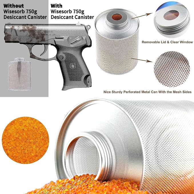 Wisesorb 750 Grams 3 Pack Gun Safe Dehumidifier, Reusable Canister Desiccant Dehumidifier, Rechargeable 1.65 Lbs Indicating Silica Gel Orange To Green, Pack of 3