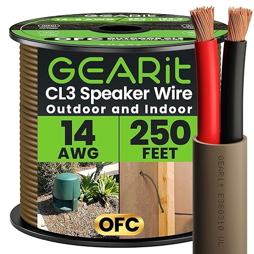 GEARit Speaker Wire 14 Gauge,Outdoor Speaker Wire 250ft,OFC Speaker Cable with Polarity Mark,Audio Cable for in-Wall,Home,Car,Outdoor,Garden,Commercial Audio Systems,OFC(Brown,2-Conductors)
