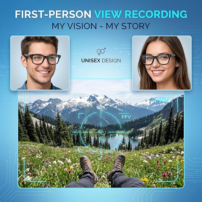 AI Smart Camera Glasses, 1080P HD POV Video Recording and Translator, Object Recognition, Bluetooth Audio for Music Calls, 290mAh Battery, Photochromic Lenses for Vlog, Travel and Work