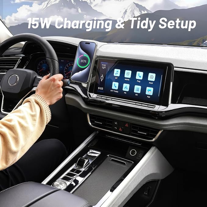Magnetic Phone Holder for Volkswagen Atlas (2024 2025 2026, 12inch) / VW Altas Cross Sport, 15W Wireless Car Charger for iPhone & Samsung, 360 & Hands Free, with Storage Box, New Car Accessories
