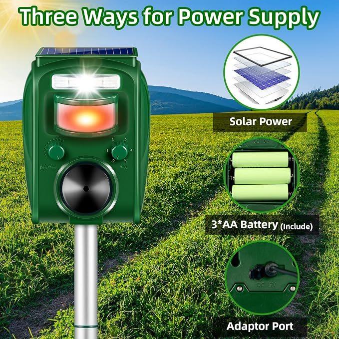 2026 Upgraded Ultrasonic Solar Animal Repellent Outdoor Cat Deterrent Deer Repellent Devices Squirrel Skunk Raccoon Rabbit Dog Deterrent with Motion Activated Strobe Light for Yard Garden Lawn,2 Pack
