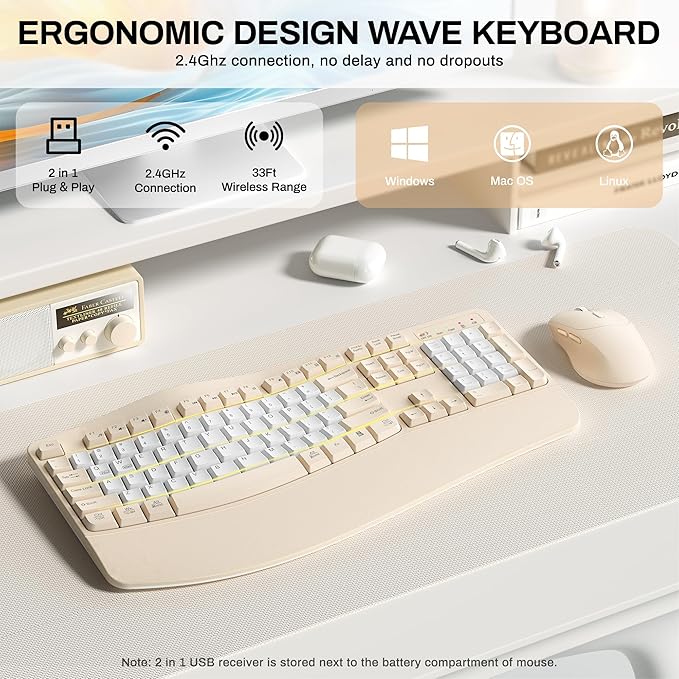 Ergonomic Wireless Keyboard and Mouse Combo, Wave Keys Keyboard with Wrist Rest for Natural Typing, 3 DPI Adjustable Ergonomic Silent Mouse for Computer/Laptop/Windows/Mac (Latte Color-B)