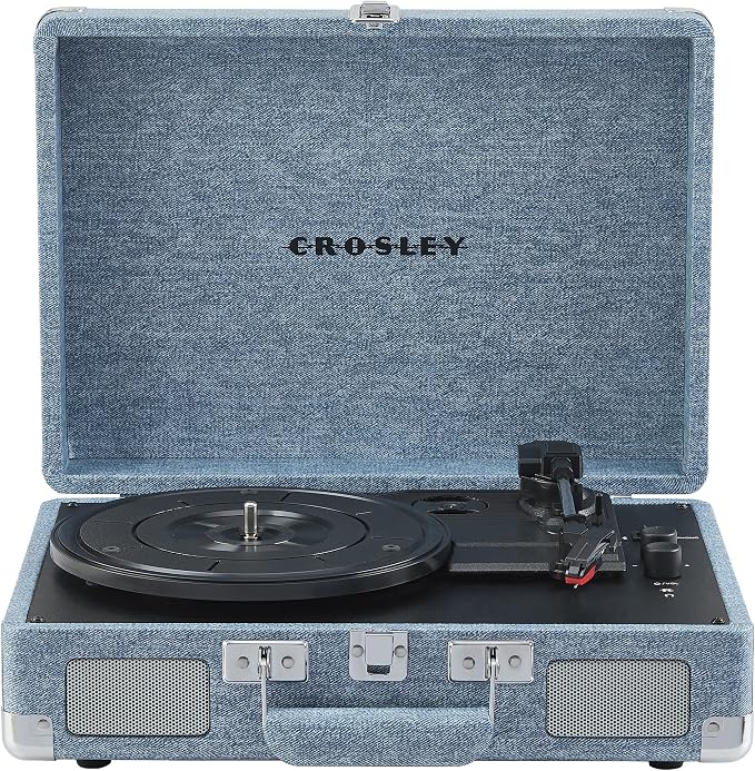 Crosley CR8005F-WD Cruiser Plus Vintage 3-Speed Bluetooth in/Out Suitcase Vinyl Record Player Turntable with Built-in Speakers, Washed Denim