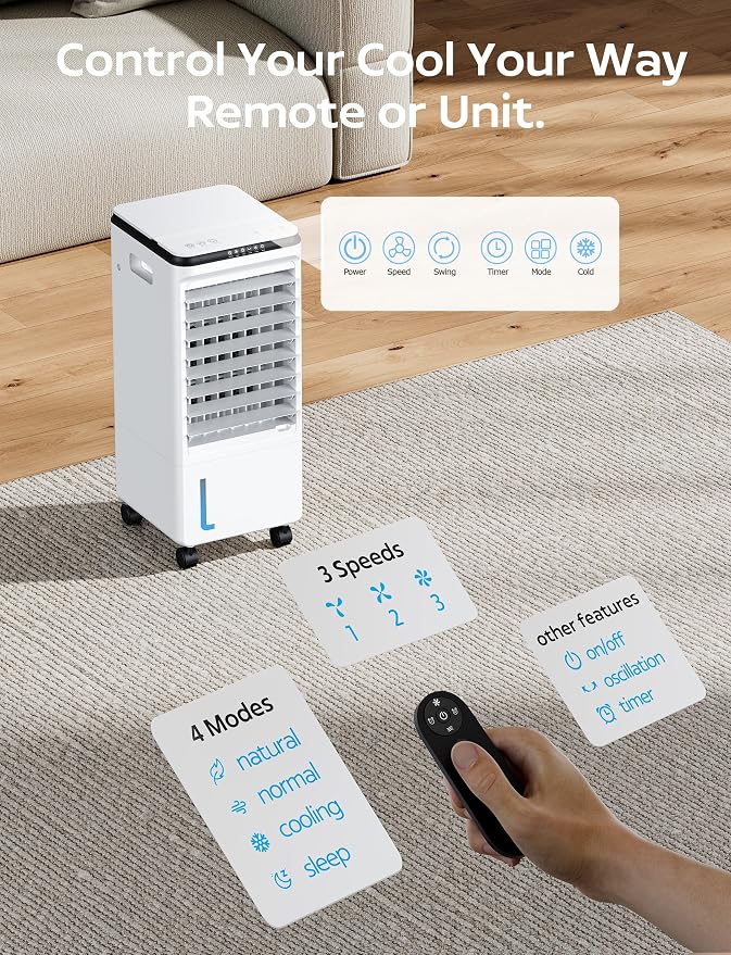 Portable Air Conditioners, 3-IN-1 Evaporative Air Cooler, Swamp Coolers w/ 3Ice Pack, 1.85 Gal Water Tank, 4 Modes, 80° Oscillation, 7H Timer, Portable Ac for Bedroom, Room Pearl