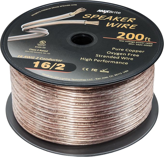 200 ft. Spool High Performance 16 Gauge Speaker Wire, Oxygen Free Pure Copper - UL Listed Class 2