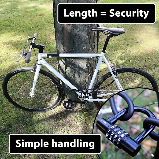 KOHLBURG Cable Lock 6.5ft / 2 Meter Long with Code – 79” / 200cm Combination Lock – Steel Cable Lock with Hook & Loop Straps – Steel Cable with Number Padlock for Bicycle, Garden Furniture & Bike Lock