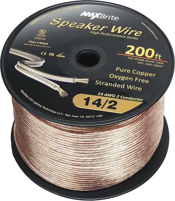 200 ft. Spool High Performance 14 Gauge Speaker Wire, Oxygen Free Pure Copper - UL Listed Class 2