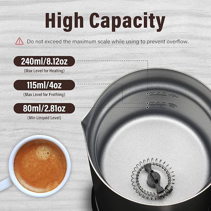 YSSOA Electric Milk Frother Handheld with Stainless Steel Stand Battery Operated Whisk Drink Mixer for Coffee, Frappe, Latte, Matcha, Hot Chocolate, Black (240ml/8.12oz, Classic Black)