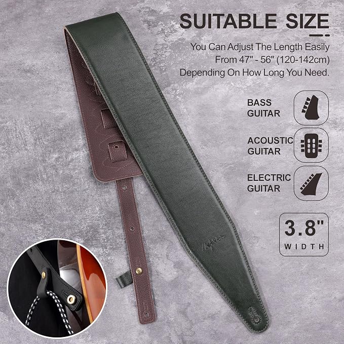 Nefelibata 3.8" Wide Guitar Strap, Full Grain Italian Leather Adjustable Guitar Straps with Foam Padding for Bass, Electric, and Acoustic Guitars