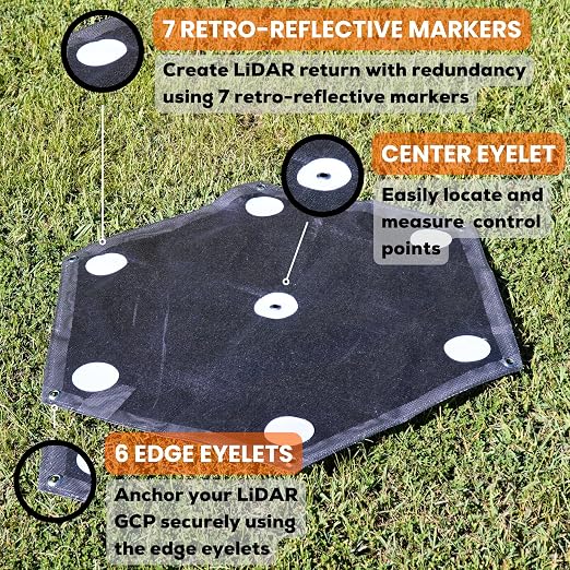 Sky High Bull's-Eye 24” LiDAR Ground Control Point GCP - UAV Aerial Target for LiDAR Mapping & Surveying (6 Pack) Retro-Reflective Black Hexagon with Center Eyelet for Aerial Mapping & Photogrammetry