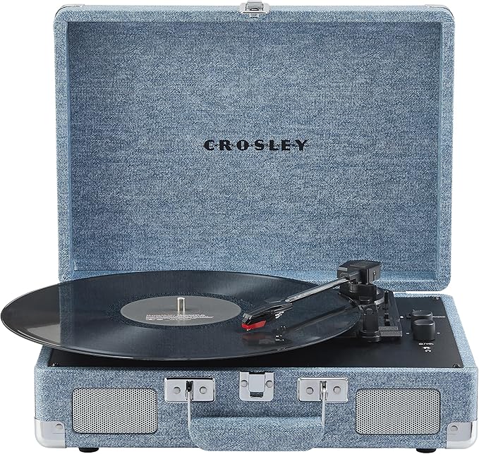 Crosley CR8005F-WD Cruiser Plus Vintage 3-Speed Bluetooth in/Out Suitcase Vinyl Record Player Turntable with Built-in Speakers, Washed Denim