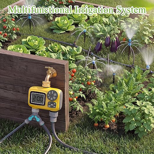 150FT Drip Irrigation System Kit with 2 Zone Water Timer for Garden,High-Flow Mainline Automatic Watering System,16PCS Adjustable Nozzles,Fast-Plug Tube for Agricultural Yard,Lawn,Greenhouse